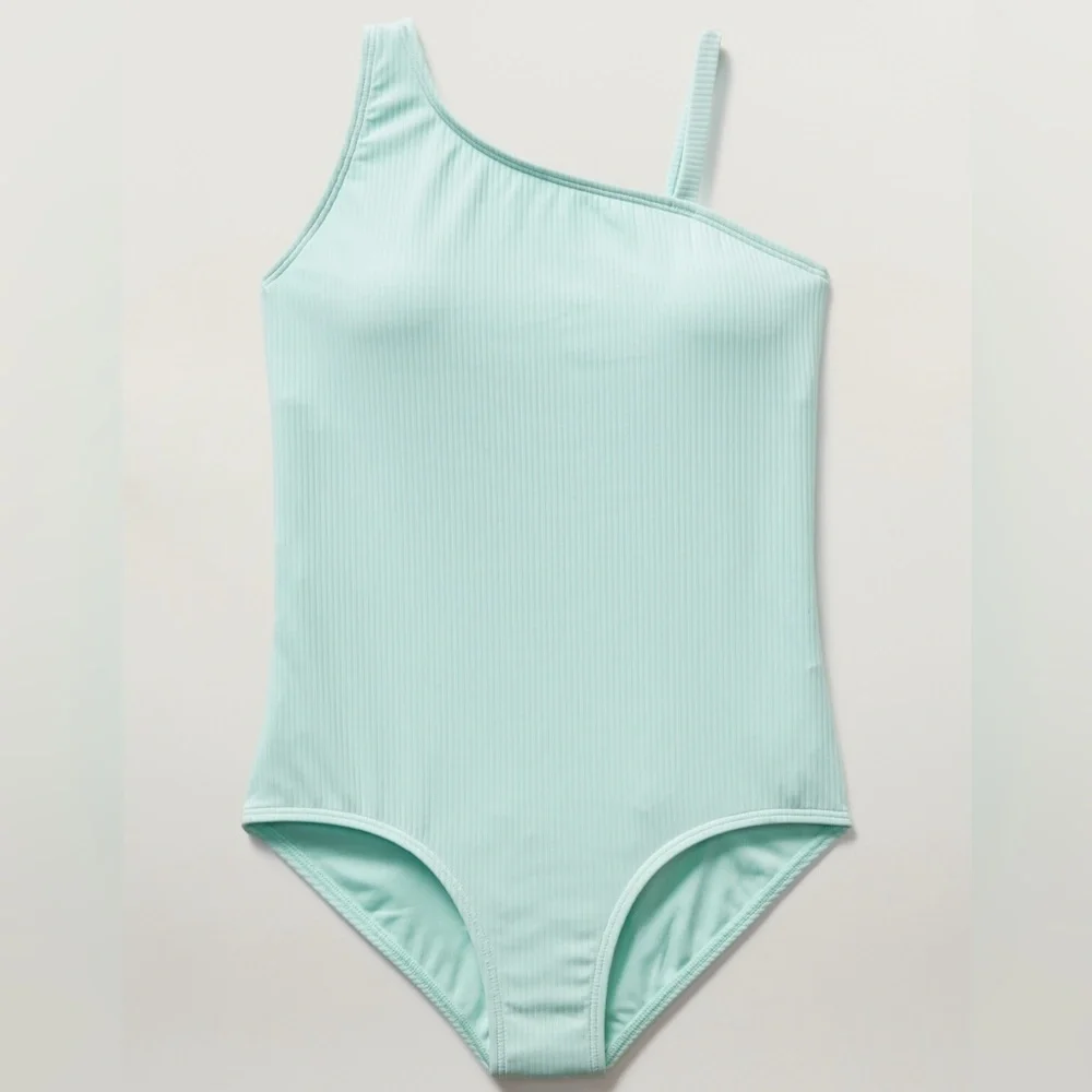 NWT Athleta Girl Oasis Blue One Shoulder Rib One Piece Swimsuit Sz M/8-10